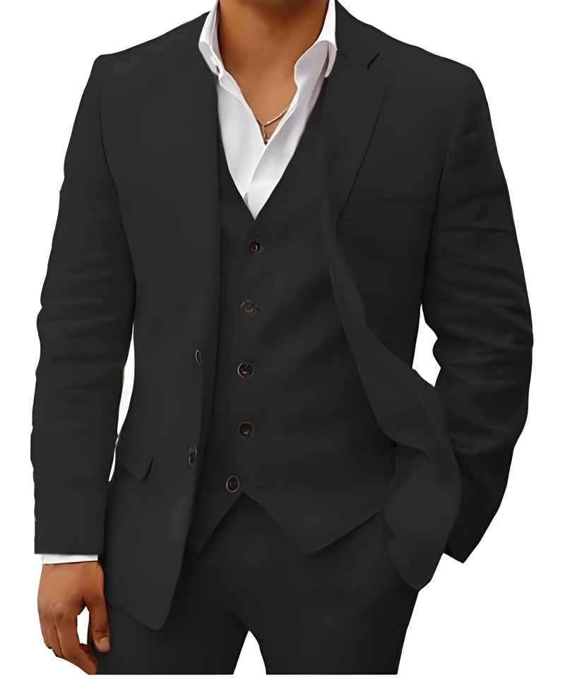 Black linen wedding suit with blazer, vest, and white dress shirt