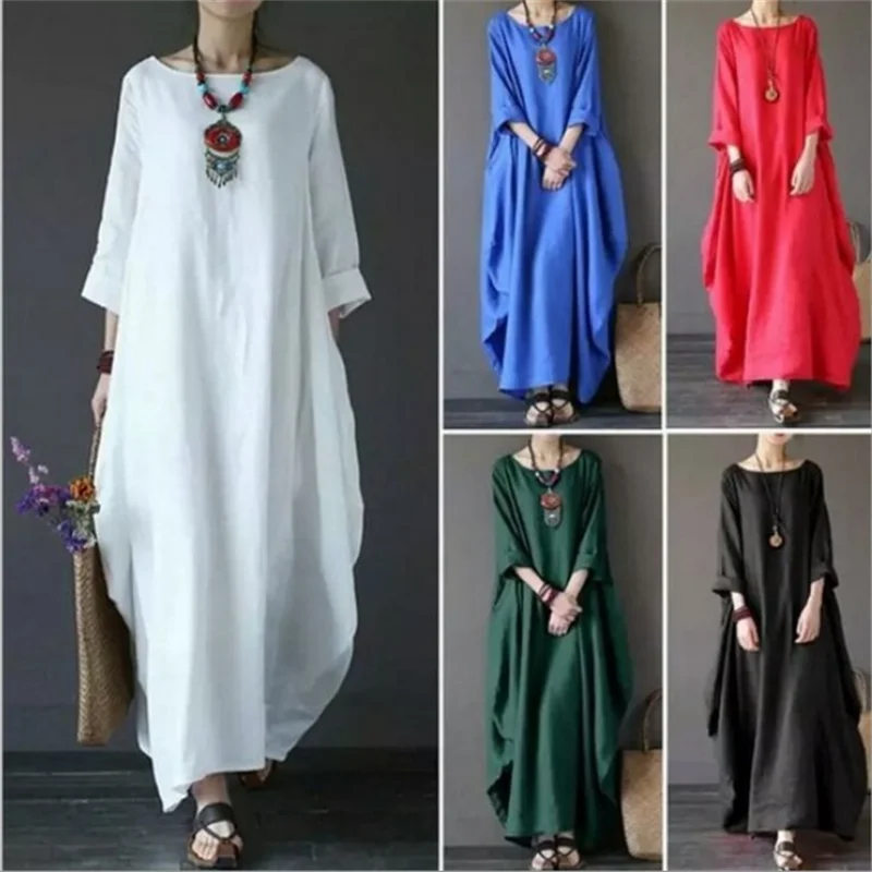 Kaftan maxi dress shown in multiple colors: white, blue, red, dark green