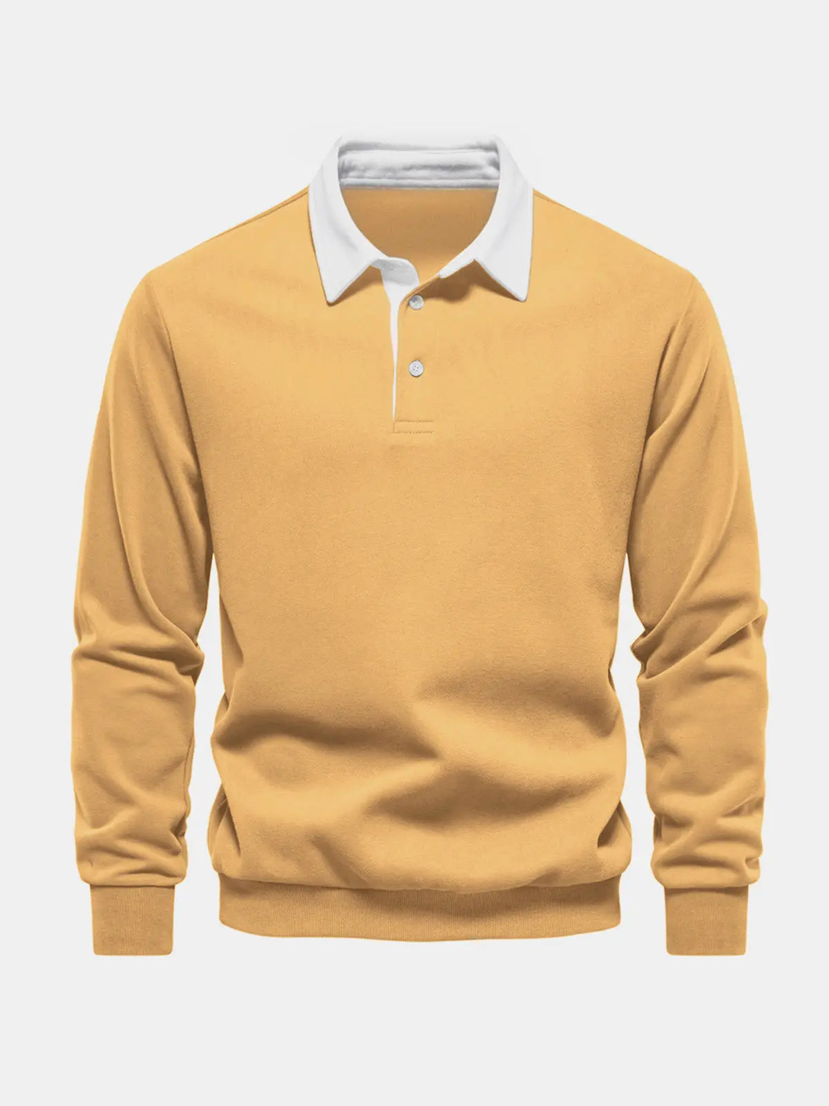 Men's polo-collar long-sleeve sweatshirt, khaki with white button placket and ribbed cuffs