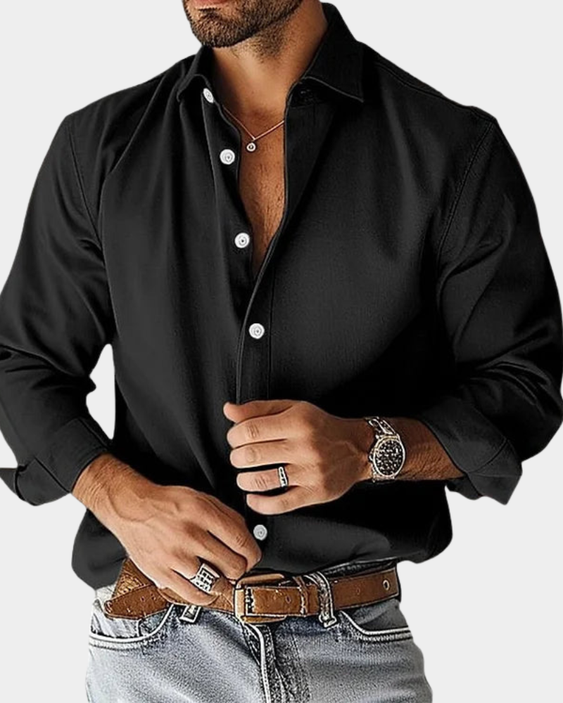 Black long-sleeve button-up shirt with pointed collar and button front