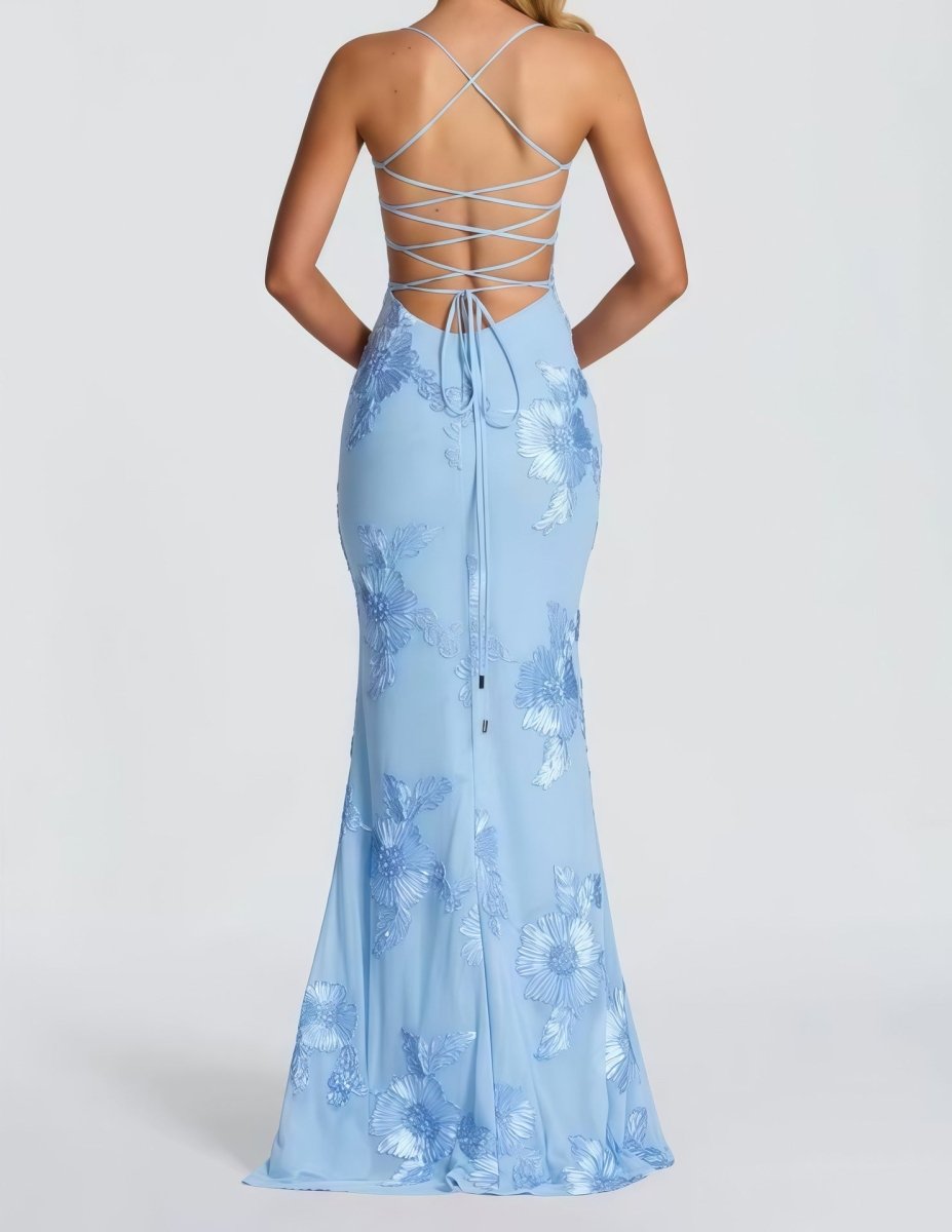 Light blue lace maxi dress with crisscross open back and floral texture