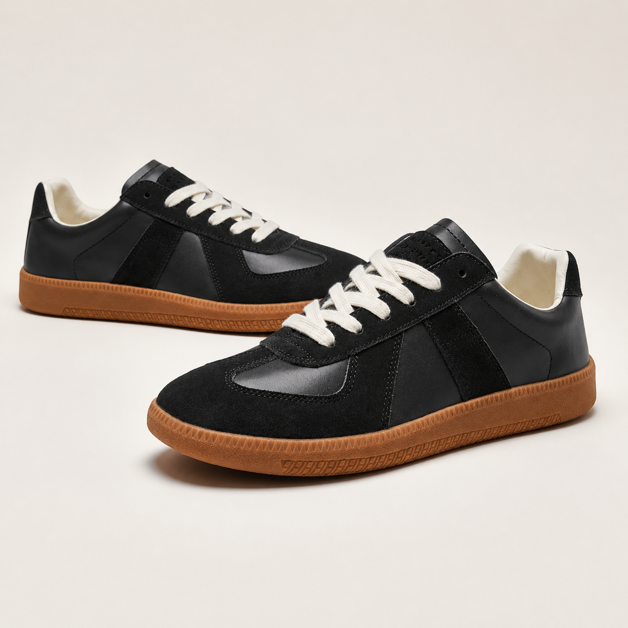 Men's lace-up casual sneakers, black with white laces, contrast trim, gum rubber sole