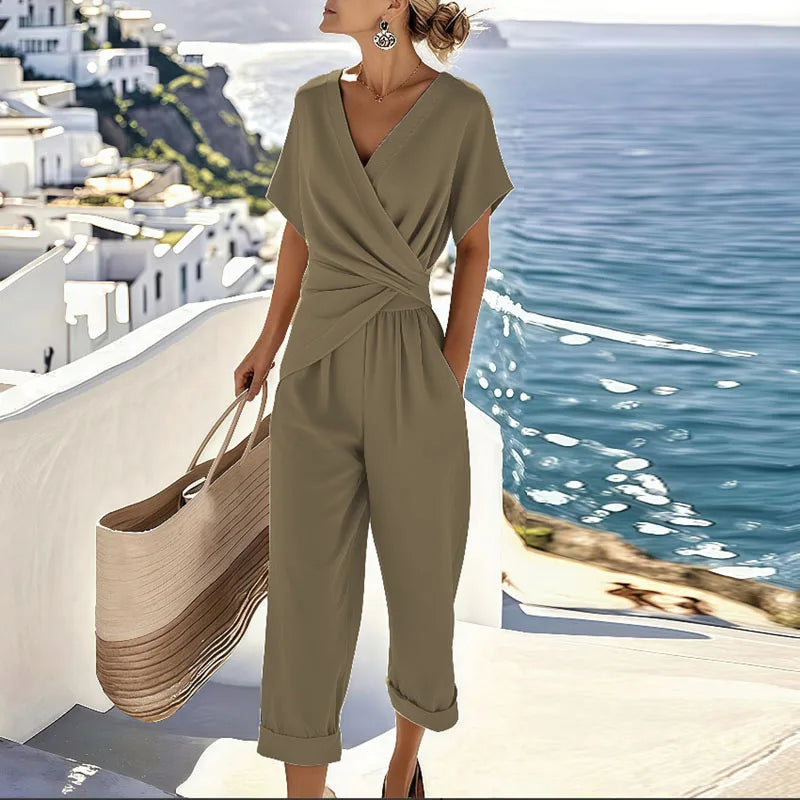 Women's wrap-front two-piece trouser set, khaki short sleeves with draped waist