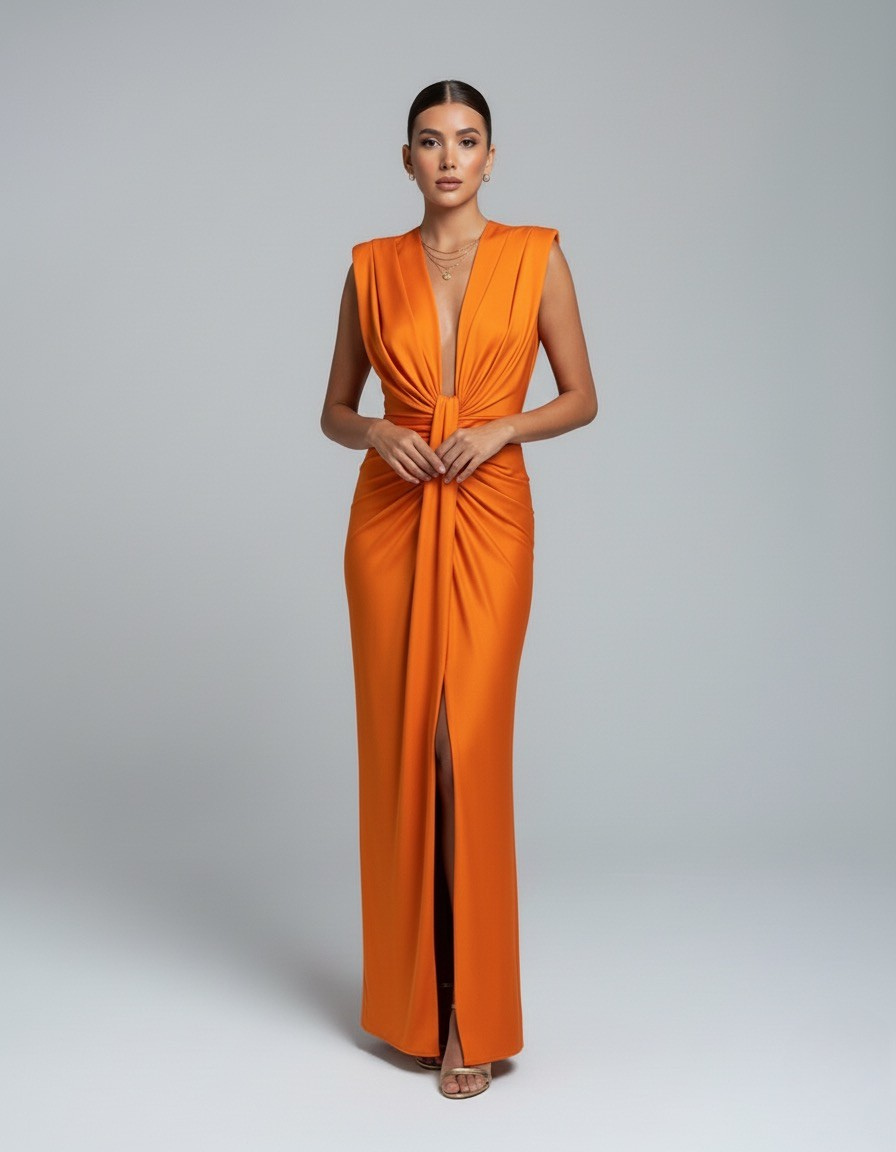 Orange sleeveless V-neck maxi dress with knotted drape at waist and long front slit