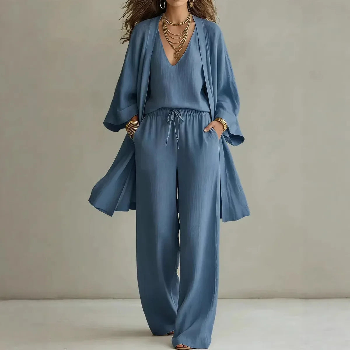 Bailey linen 3-piece co-ord set in blue: V-neck top, elastic waist wide-leg pants, draped cover-up.