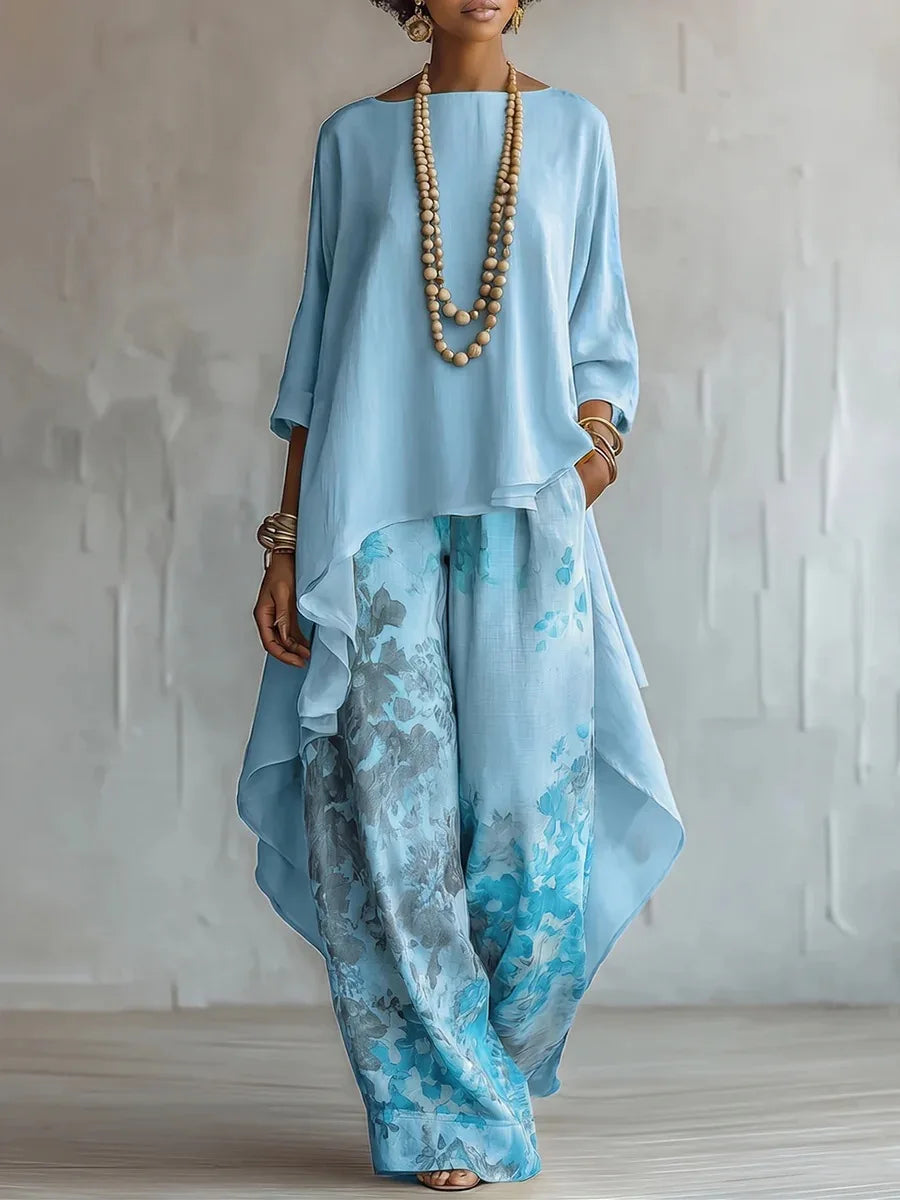Light blue printed loose two-piece set with draped tunic and wide-leg trousers
