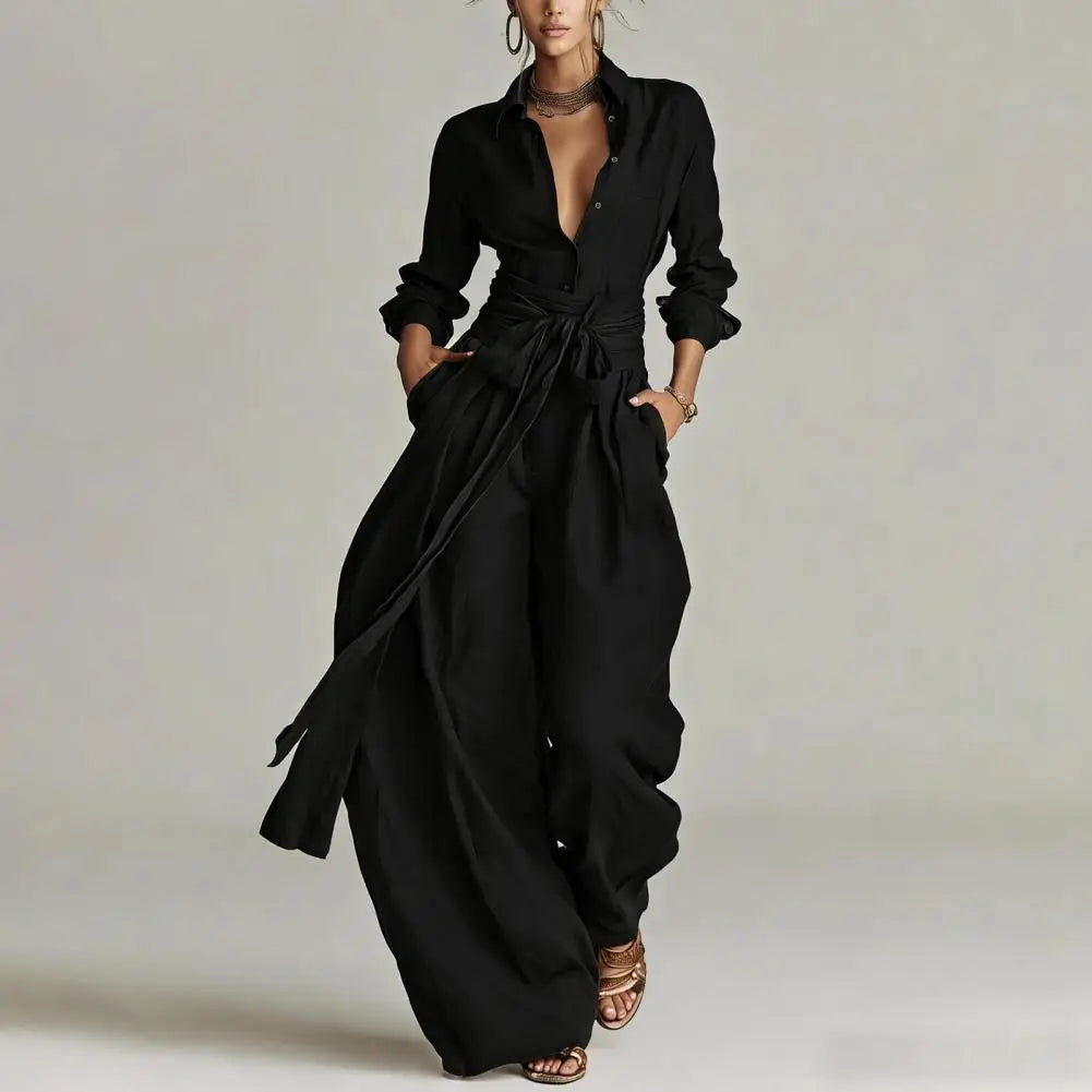Linen co-ord set in black: button-front shirt with tie waist and wide-leg trousers