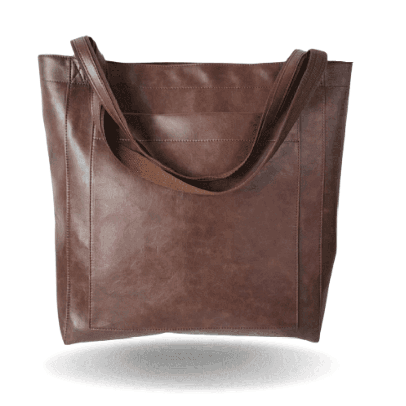 Brown leather tote bag with open top and wide shoulder handles