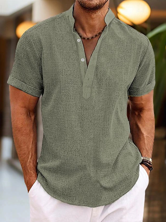 Men’s green linen henley short-sleeve shirt with buttoned V-neck collar
