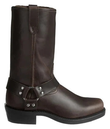 Men's dark brown harness boots with ankle strap and metal studs, angled view