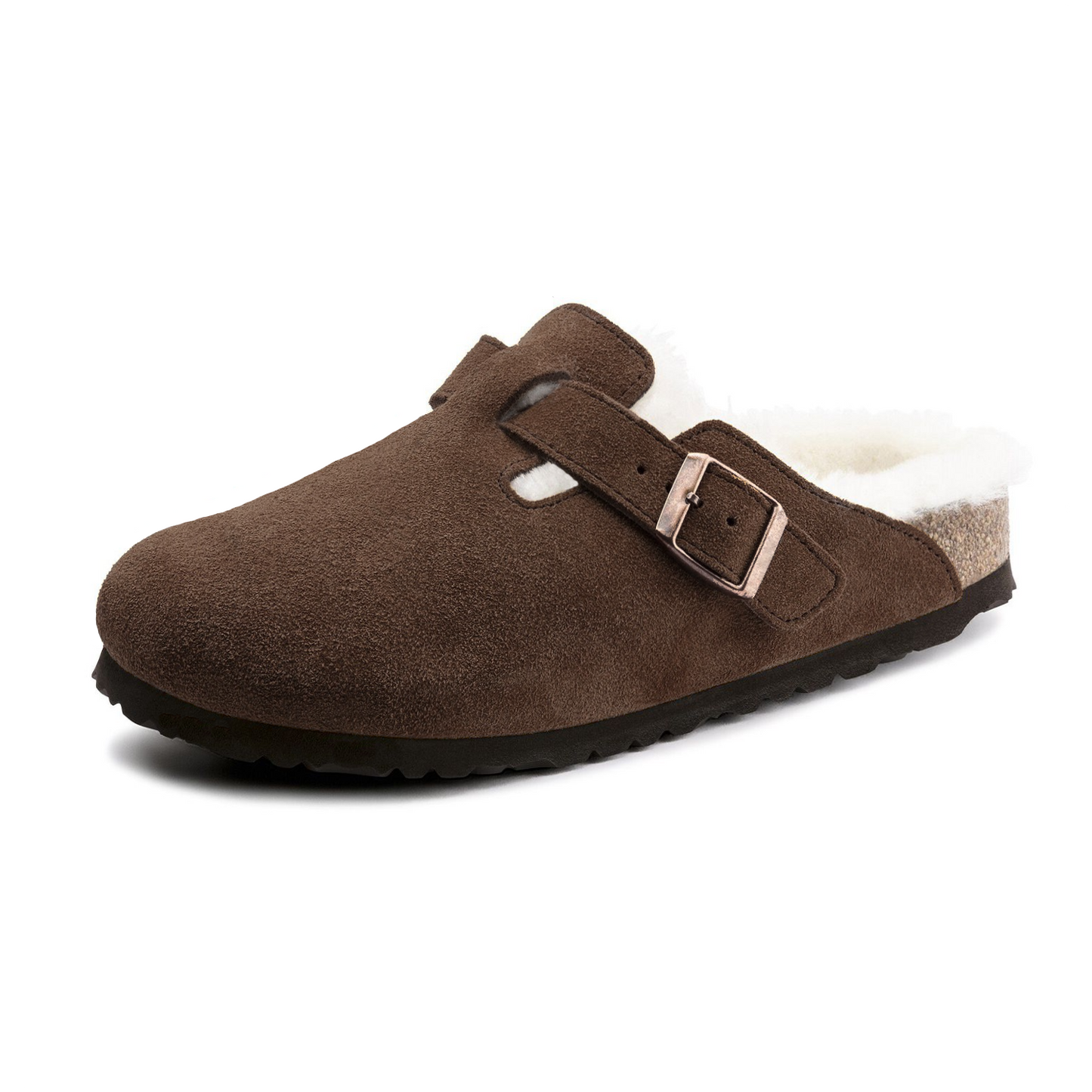 Sherpa clogs in mocha brown suede with sherpa lining and adjustable buckle strap