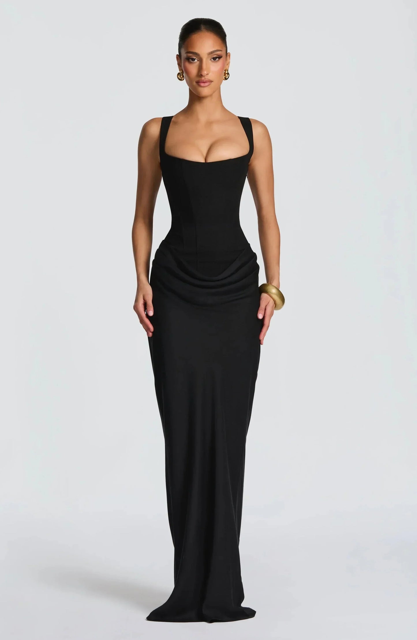 Black bodycon maxi dress with square neckline and ruched detail at waist