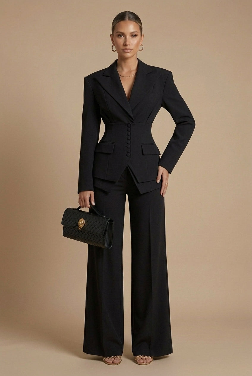 Black trouser suit: tailored blazer with wide-leg trousers, full front view