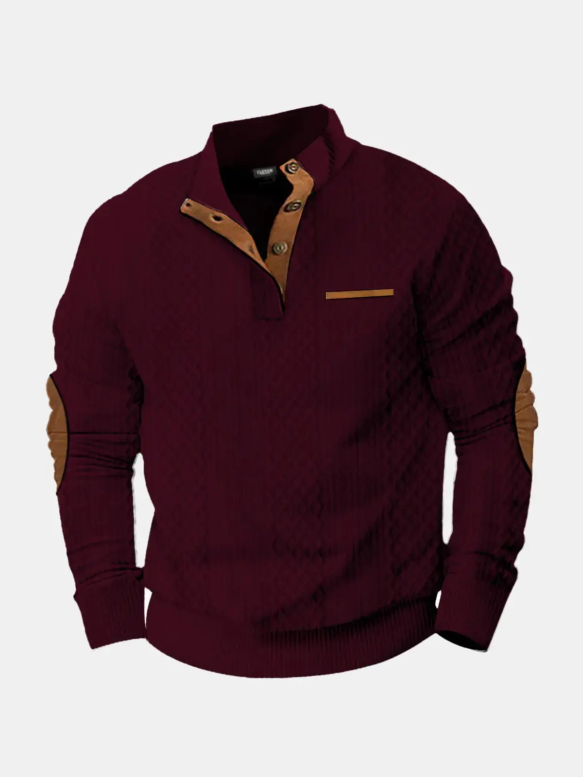 Cable knit pullover sweatshirt, burgundy with tan collar and chest pocket tab