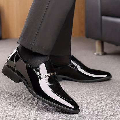 Men's black patent leather penny loafers, pointed toe slip-on with metal bar buckle