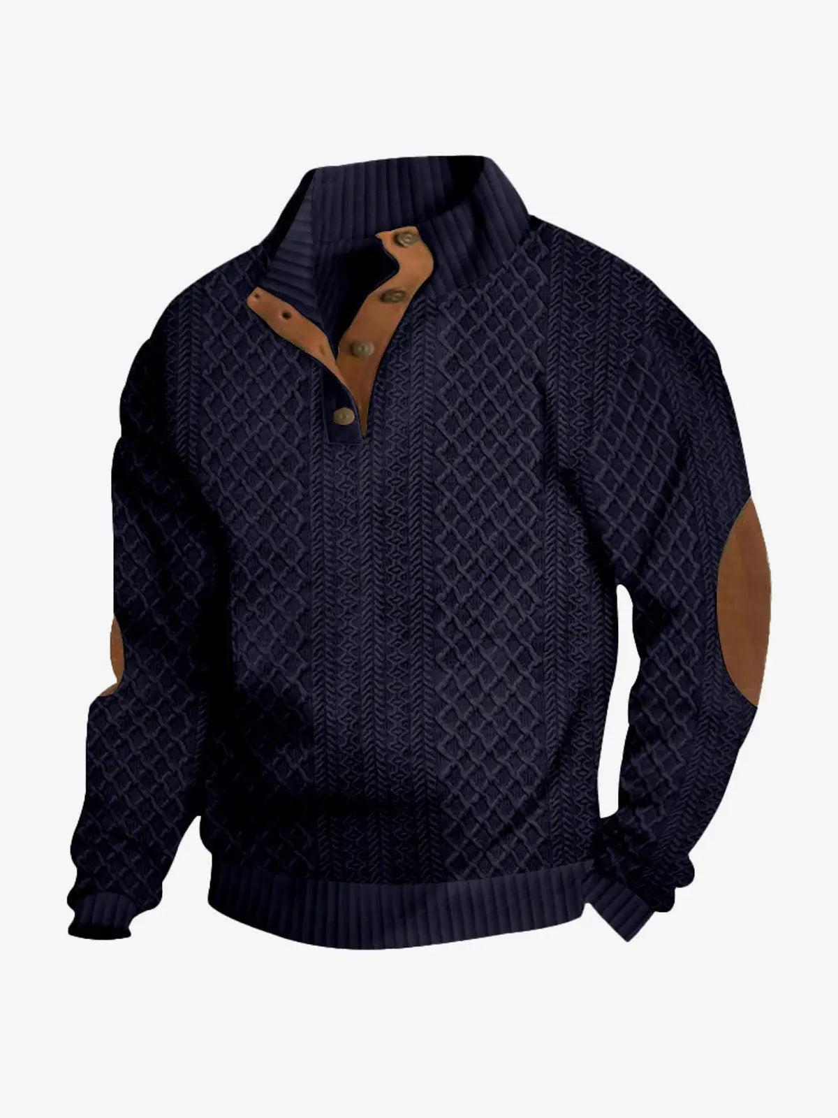 Navy cable knit quarter-button pullover sweatshirt with brown contrast collar
