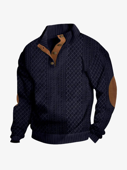 Navy cable knit quarter-button pullover sweatshirt with brown contrast collar