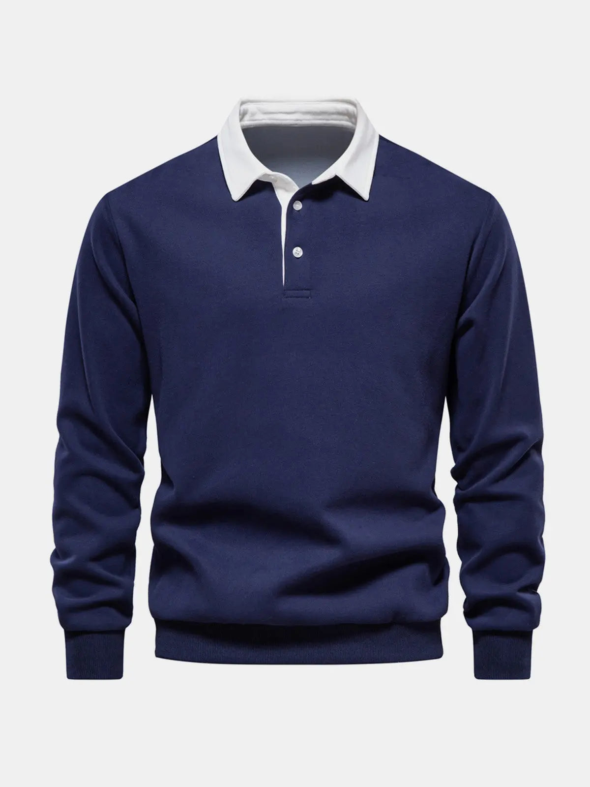 Navy long-sleeve polo sweatshirt with white collar and three-button placket