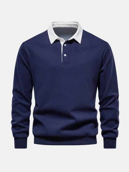Navy long-sleeve polo sweatshirt with white collar and three-button placket
