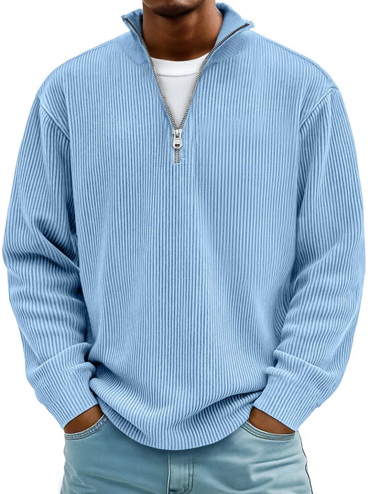 Light blue quarter-zip pullover sweater with ribbed knit and vertical stripe texture