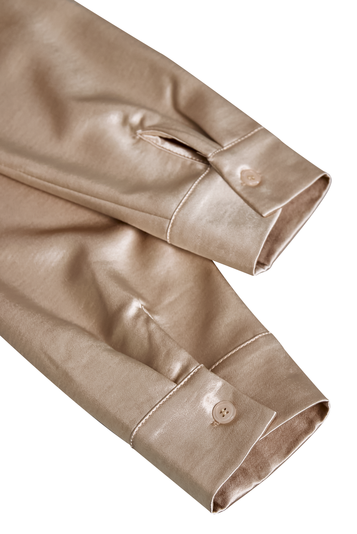 Champagne satin sleeve close-up with double button cuff detail