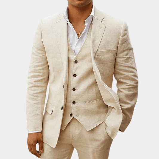 Beige linen blazer, vest, and trousers set with notch lapels and pocket square