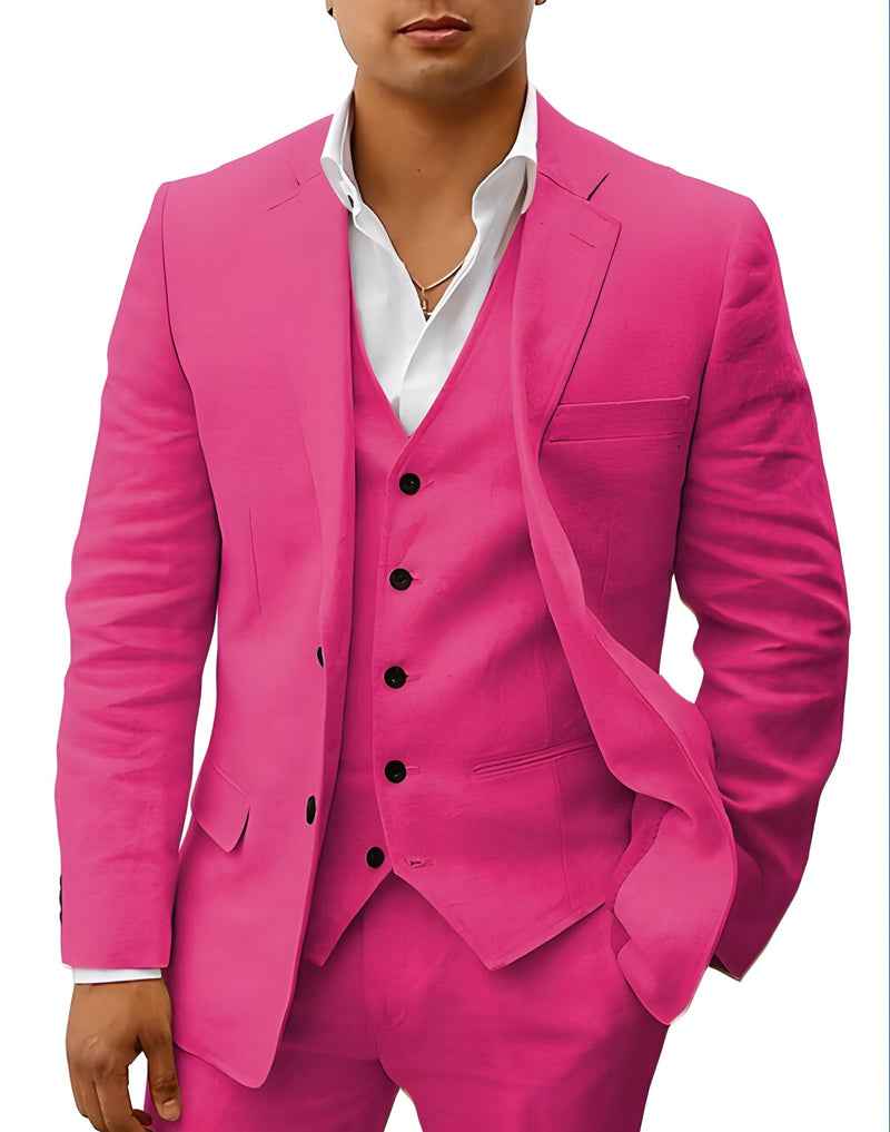 Fuchsia linen blazer, vest, and trousers set with notch lapels and pocket square