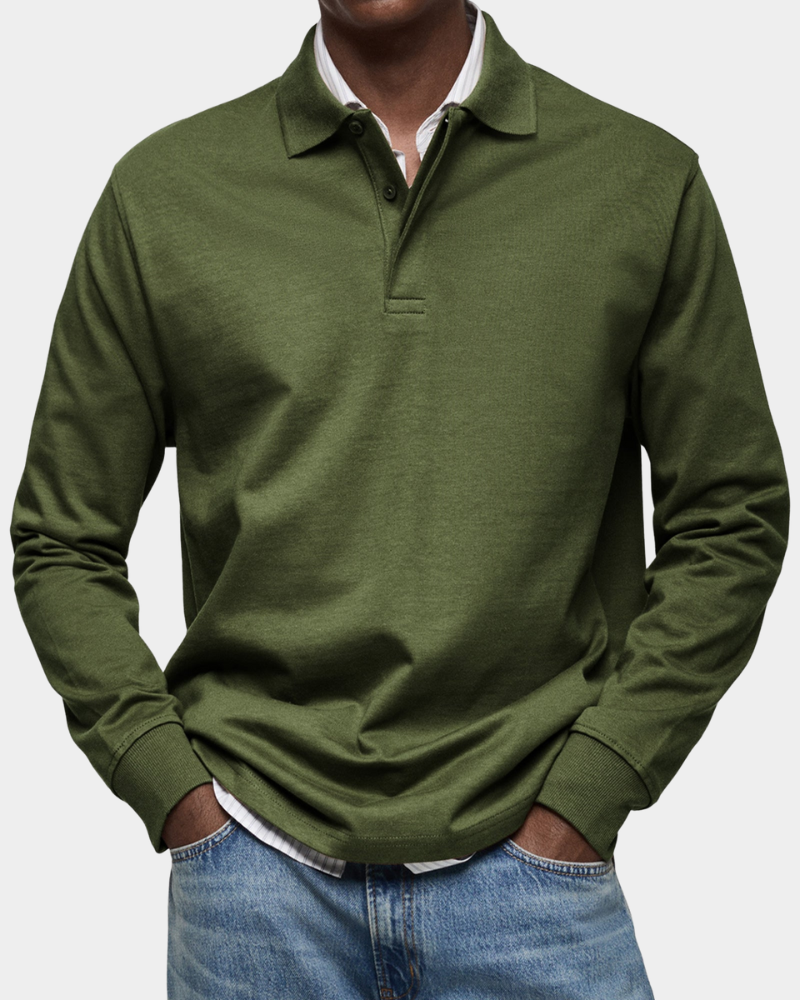 Olive green long-sleeve polo shirt with button placket and ribbed cuffs