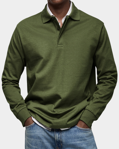 Olive green long-sleeve polo shirt with button placket and ribbed cuffs