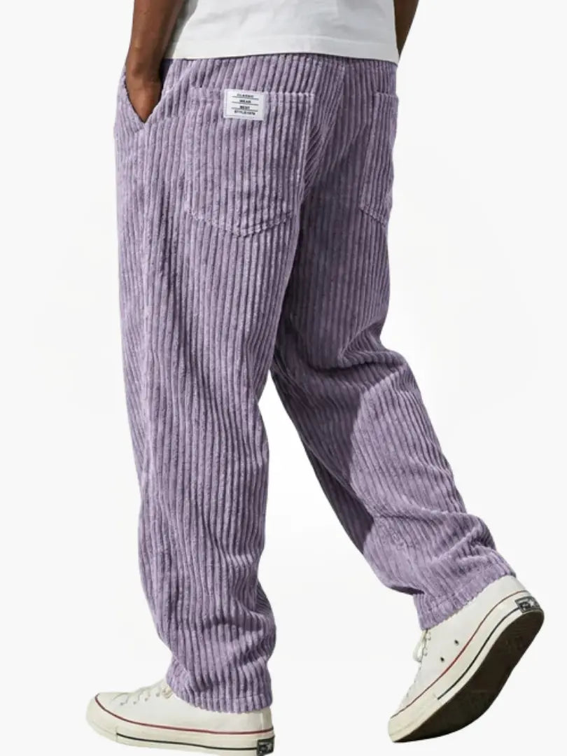 Men's wide-leg trousers, lilac corduroy, button fly, side and back pockets
