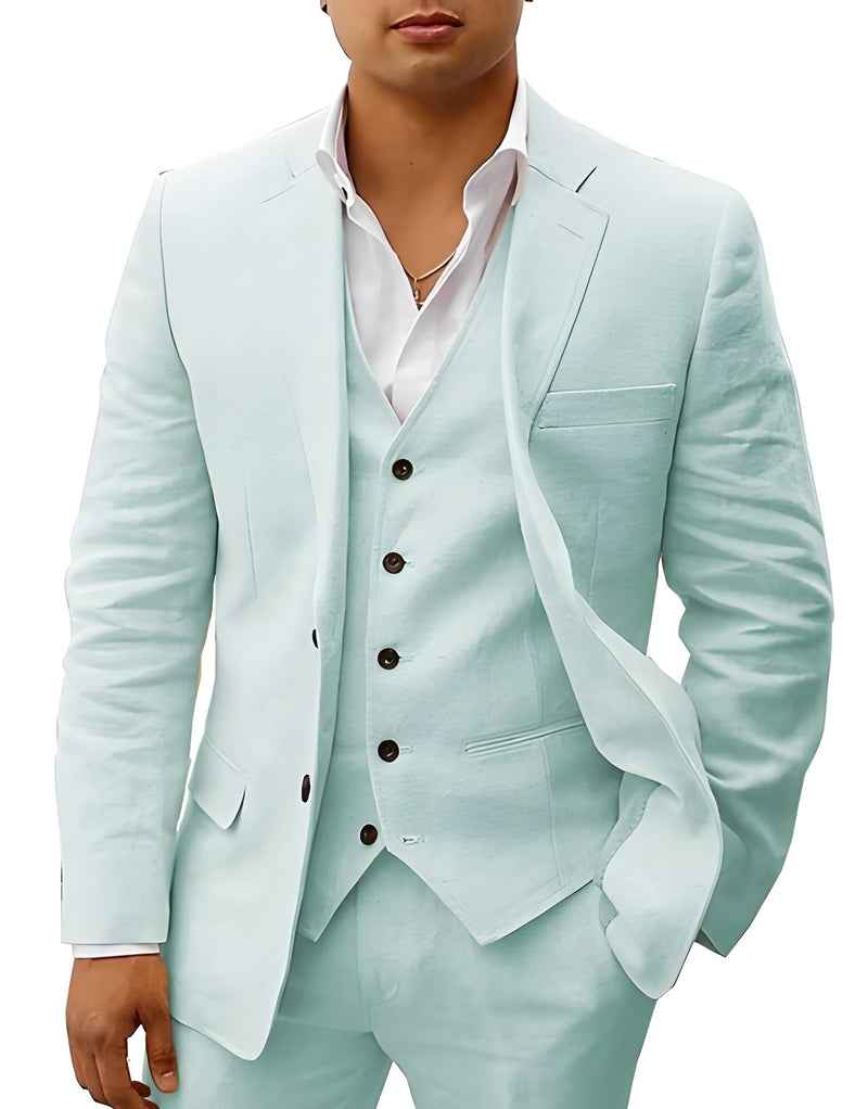 Light blue linen wedding suit with jacket, vest, and matching dress shirt