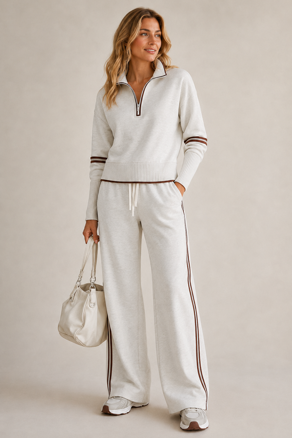 Women’s two-piece quarter-zip knit set, light gray top with striped wide-leg joggers