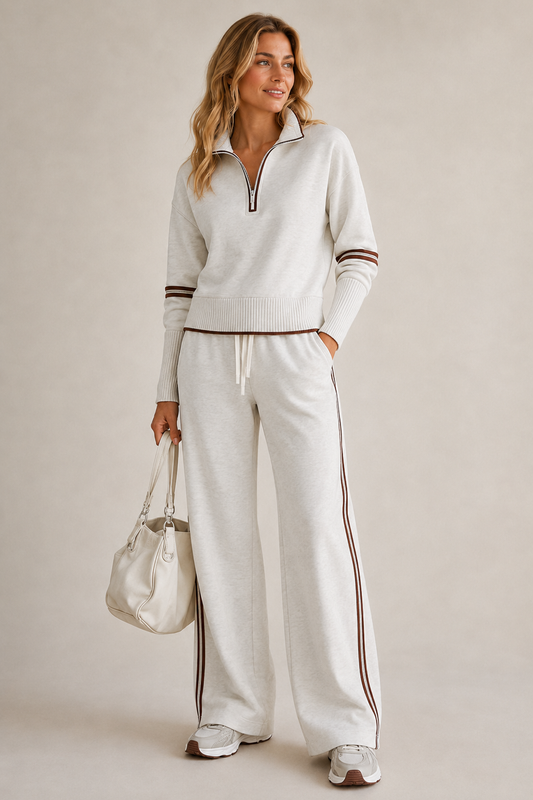 Women’s two-piece quarter-zip knit set, light gray top with striped wide-leg joggers