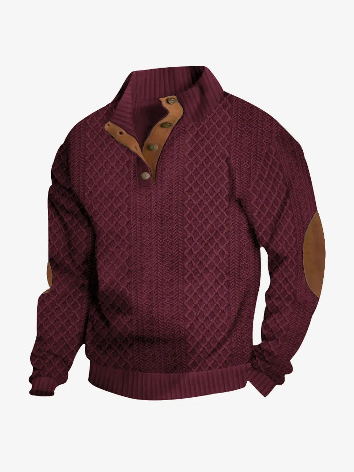 Burgundy cable knit quarter-button pullover sweatshirt with brown collar placket and ribbed hem