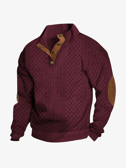 Burgundy cable knit quarter-button pullover sweatshirt with brown collar placket and ribbed hem