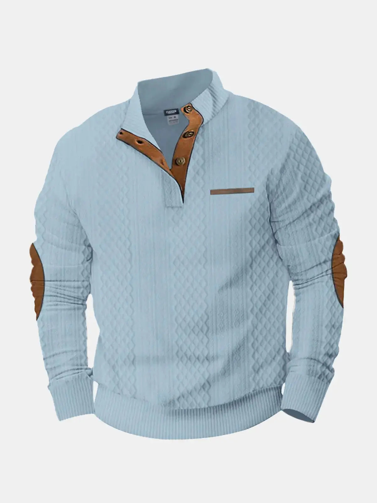 Cable knit pullover sweatshirt, light blue with tan collar and chest pocket tab
