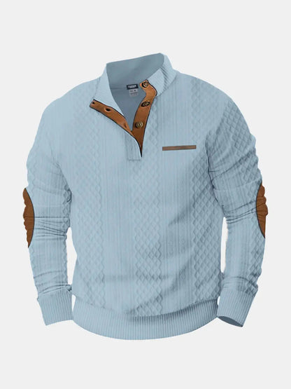 Cable knit pullover sweatshirt, light blue with tan collar and chest pocket tab
