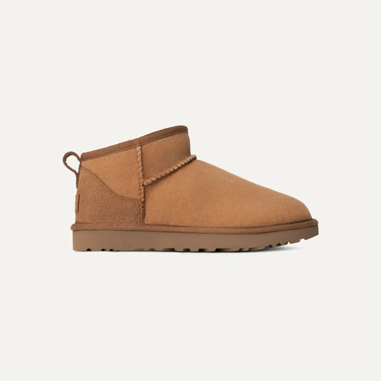 Chestnut suede ultra mini boots with ankle seam and stitched cuff