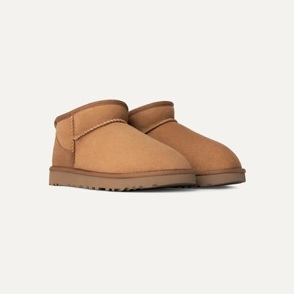 Chestnut suede ultra mini boots with rounded toe and low platform sole