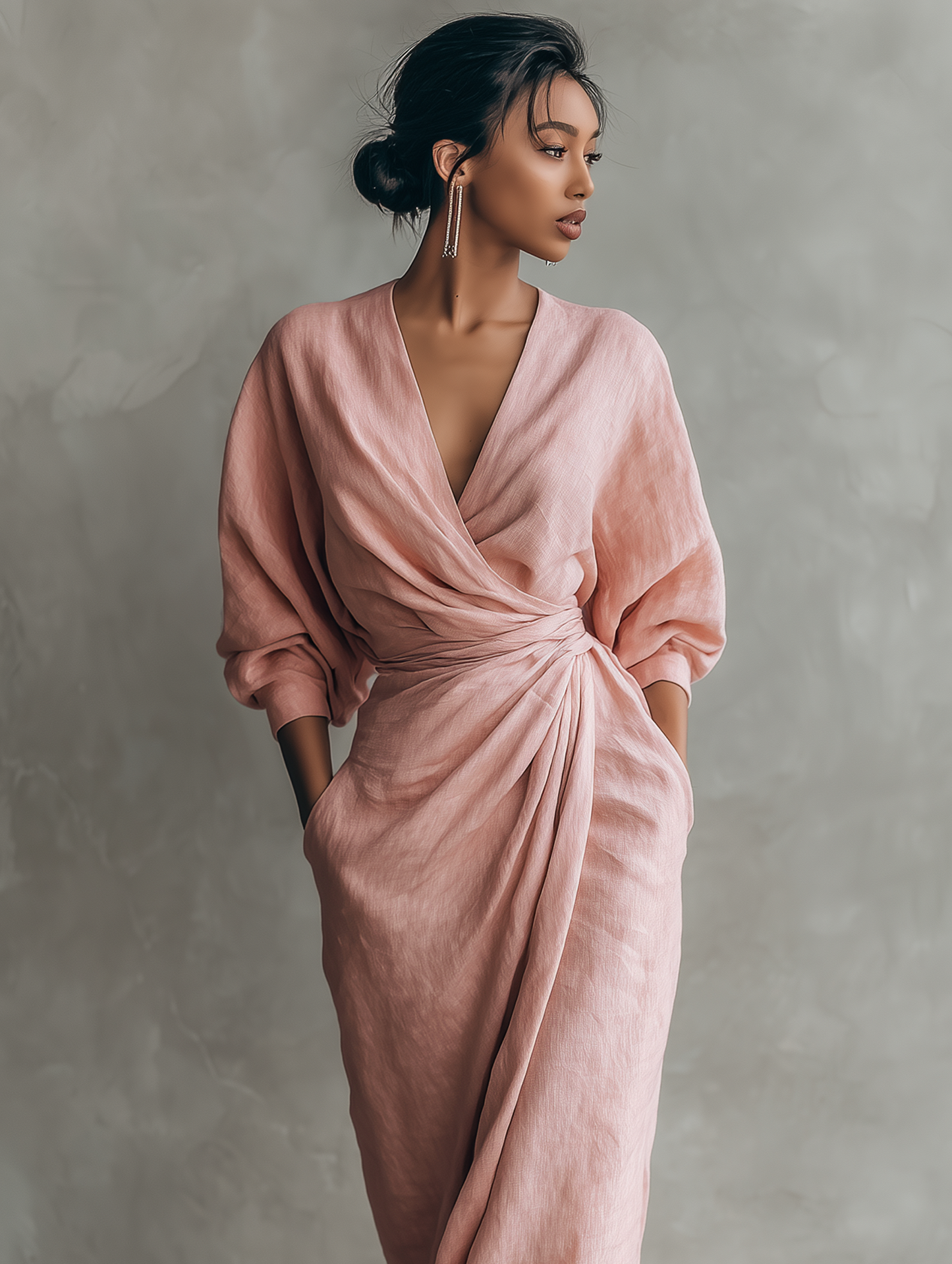 Pink linen-blend maxi dress with V-neck twist knot and draped front, three-quarter sleeves