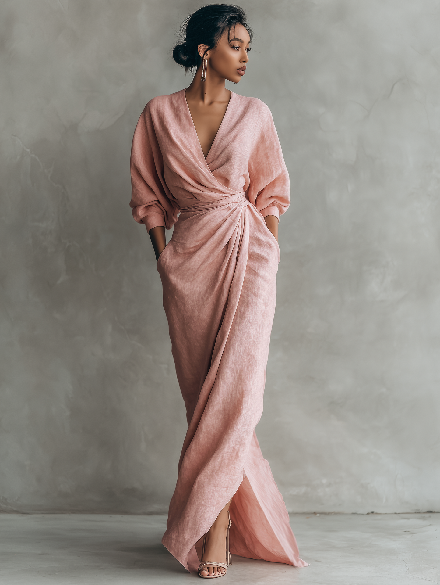 Pink linen-blend maxi dress with V-neck twist knot and side slit, full-length skirt