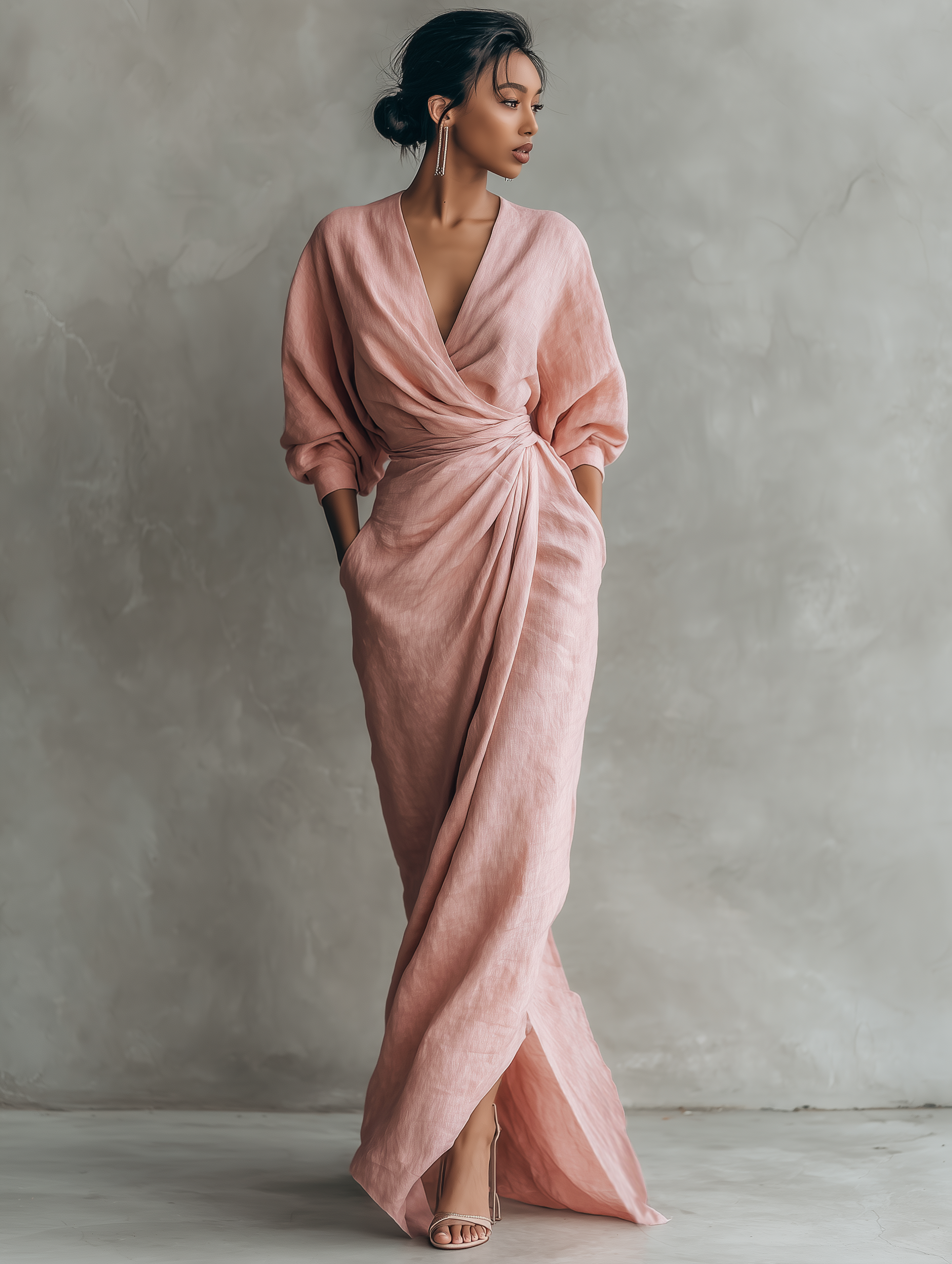 Pink linen-blend maxi dress with V-neck twist knot and side slit, full-length skirt