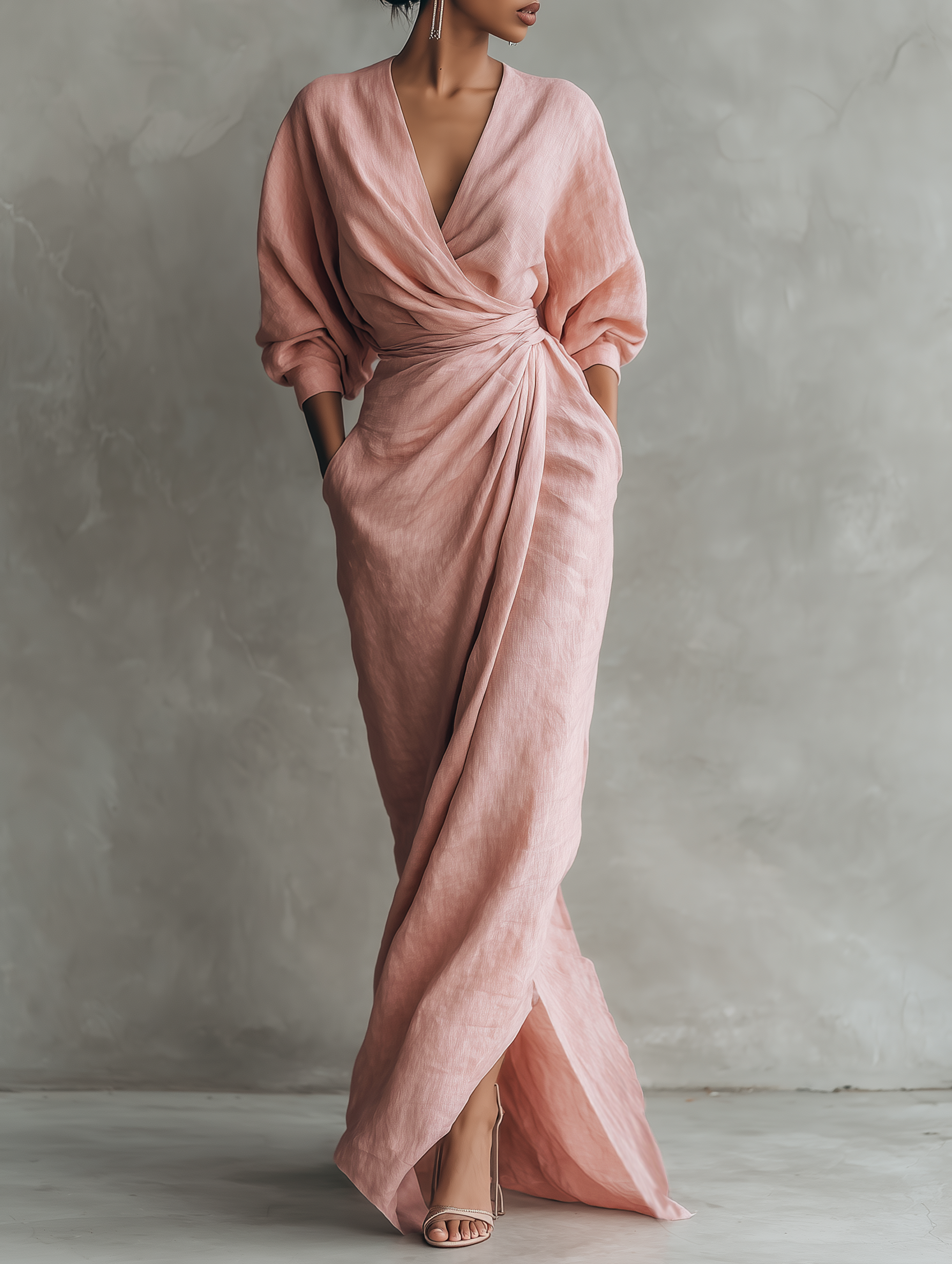 Pink linen-blend maxi dress with V-neck, knot front and side slit, three-quarter sleeves