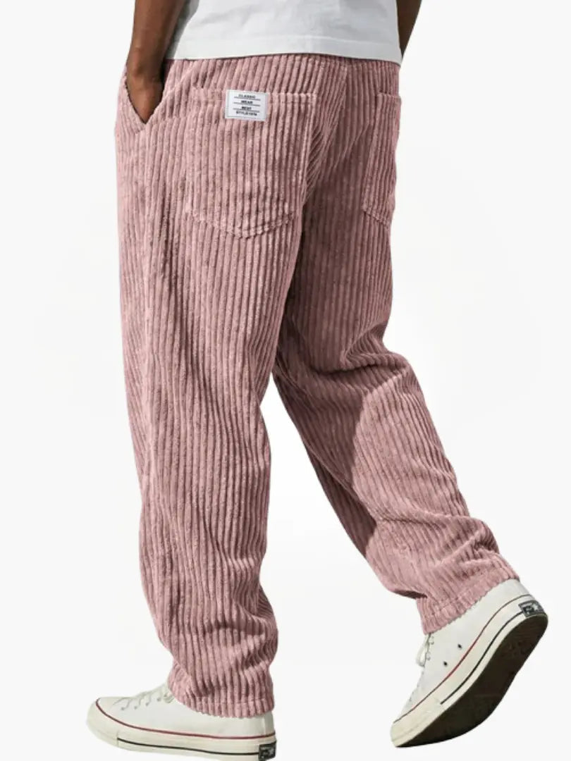 Men's wide-leg trousers, rose mauve corduroy, button fly, side and back pockets