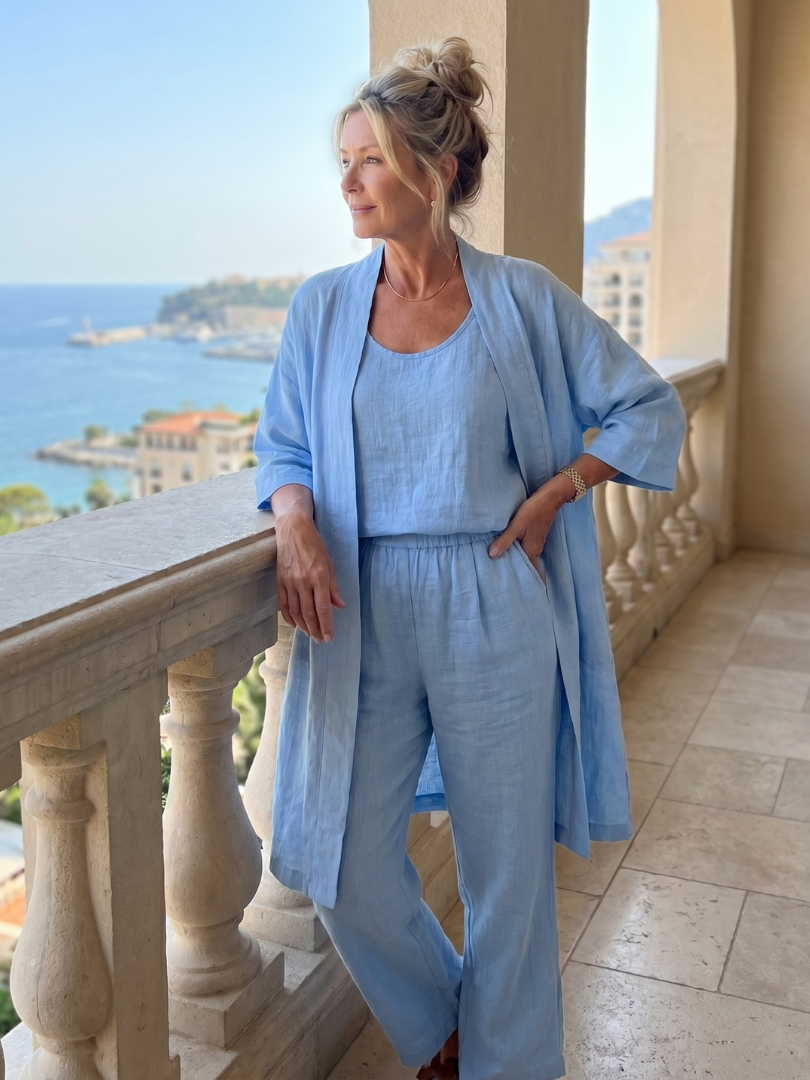 Yael blue relaxed top and pant set with matching cover-up