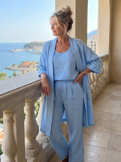 Yael blue relaxed top and pant set with matching cover-up