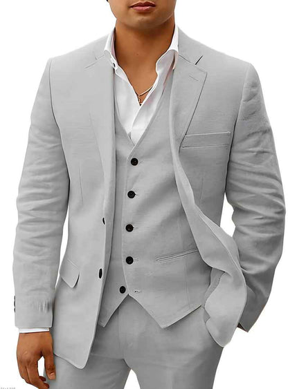 Gray linen wedding suit set with blazer, vest, and white dress shirt
