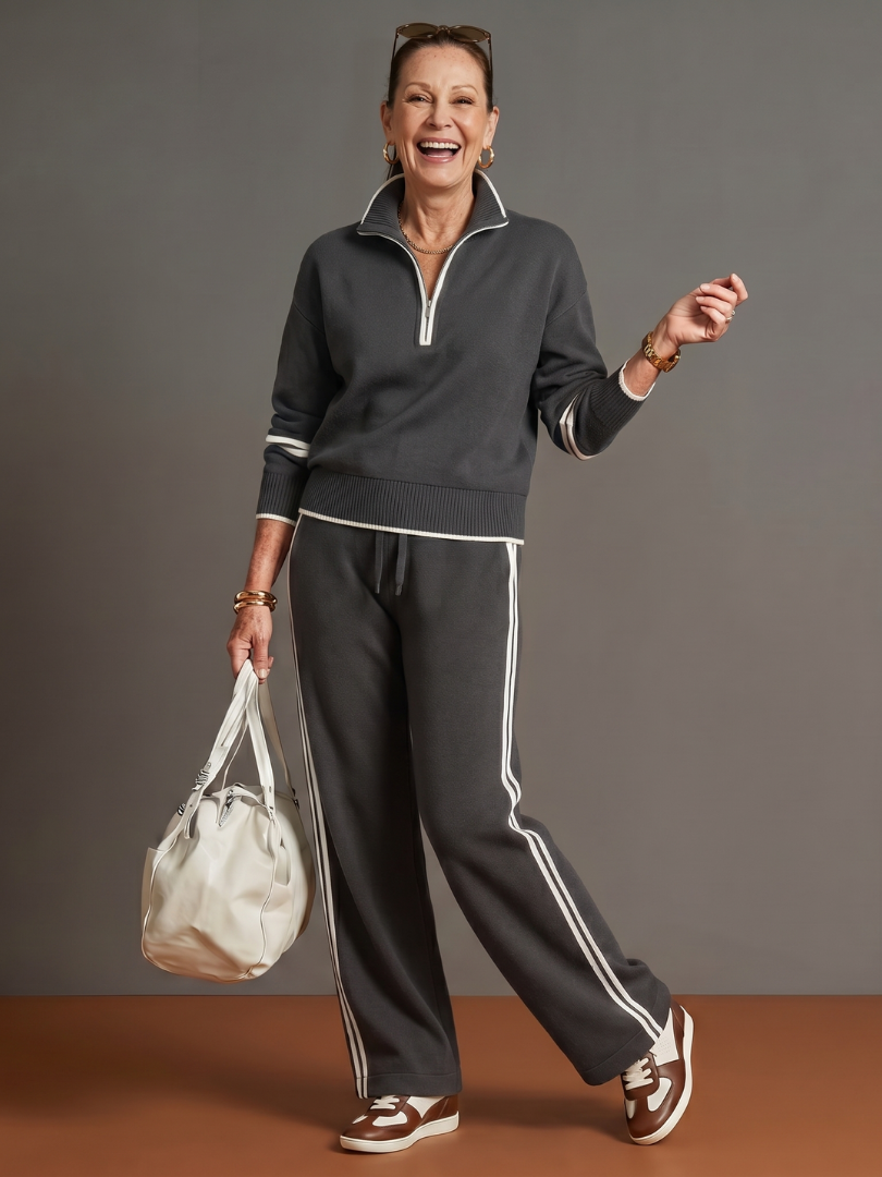 Charcoal zip-neck long-sleeve pants set with white side stripe, drawstring joggers