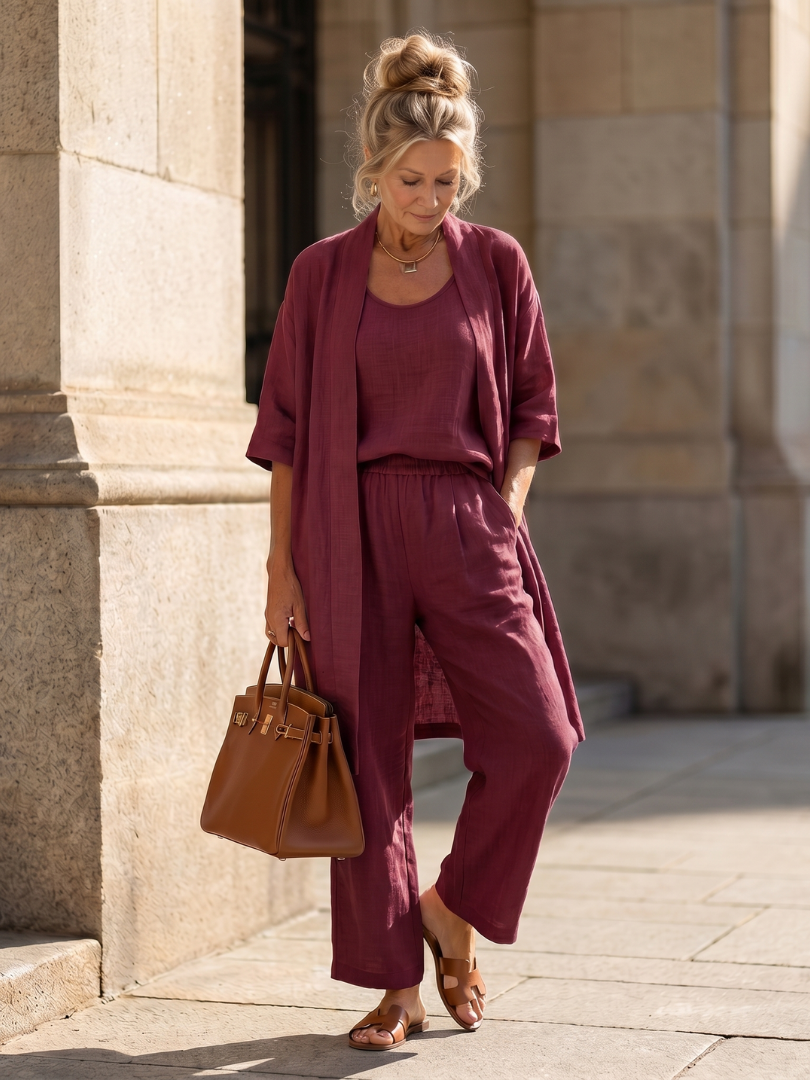 Yael burgundy relaxed top and pant set with matching cover-up