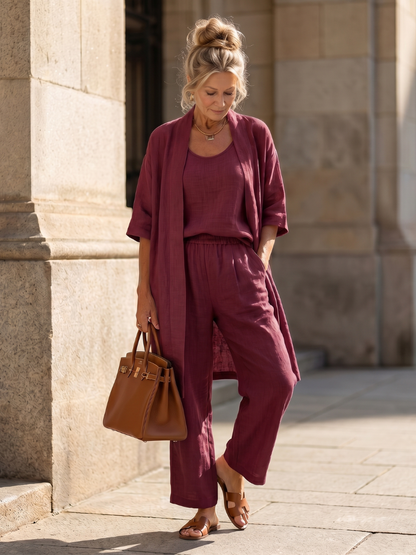 Yael burgundy relaxed top and pant set with matching cover-up